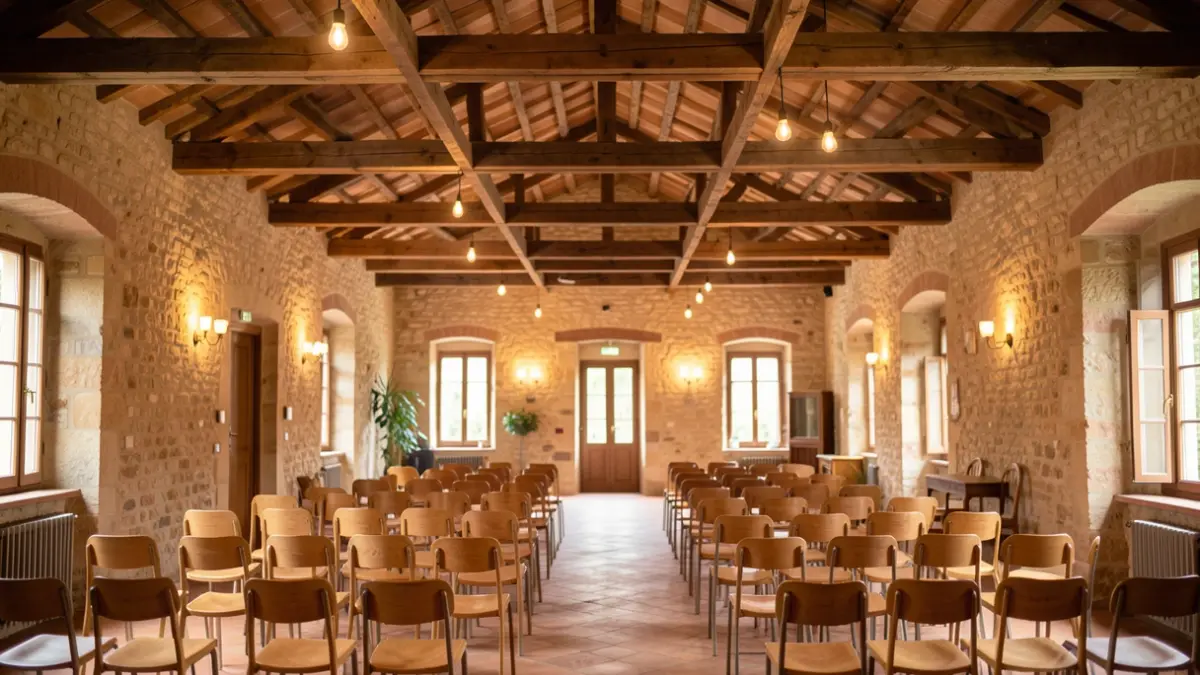 Generic image of a community hall with a new ceiling and empty chairs.