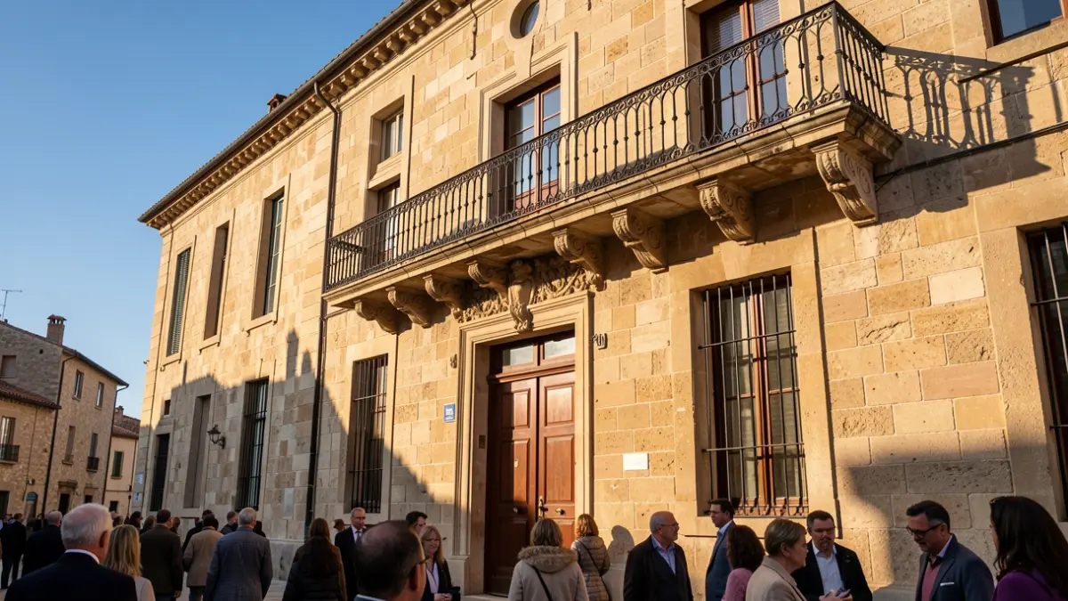 Generic image of a stone town hall building with a balcony and blue sky.