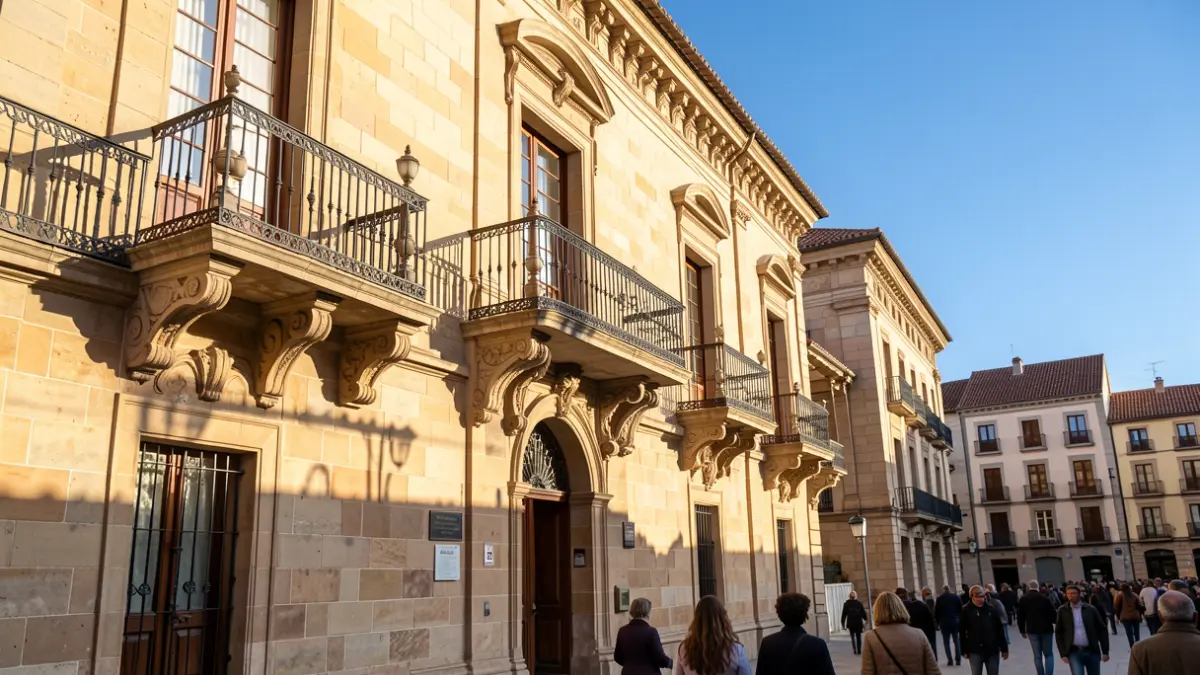 Facade of a Catalunya town hall with balcony and iron railings, warm afternoon light.