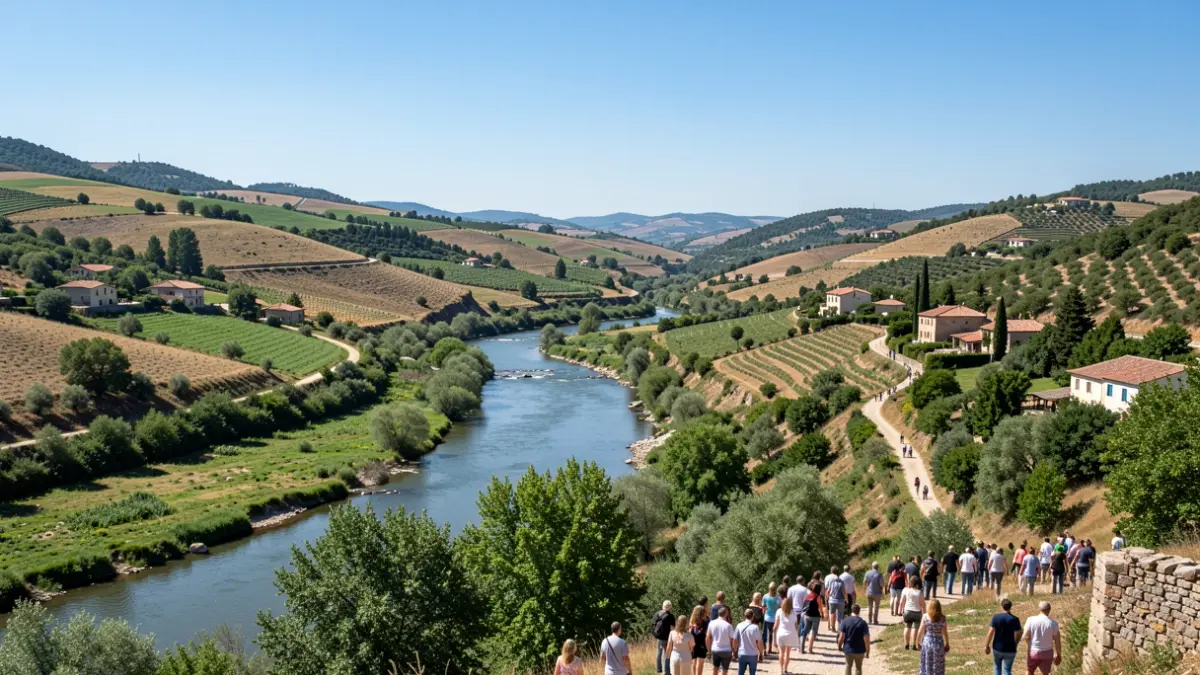 Imagen genérica de un paisaje fluvial con masías en Cataluña.
