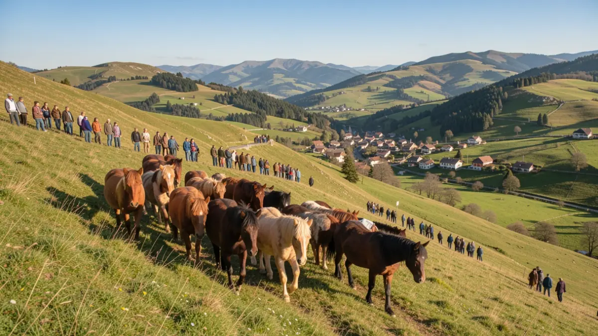 Imatge genèrica de cavalls de muntanya baixant per un pendent verdós.