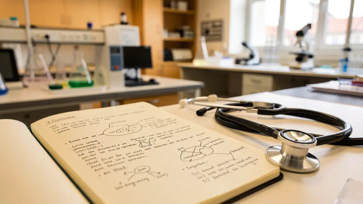 Quadern de recerca mèdica amb notes i diagrames sobre malalties complexes, estetoscopi i laboratori universitari difuminat.