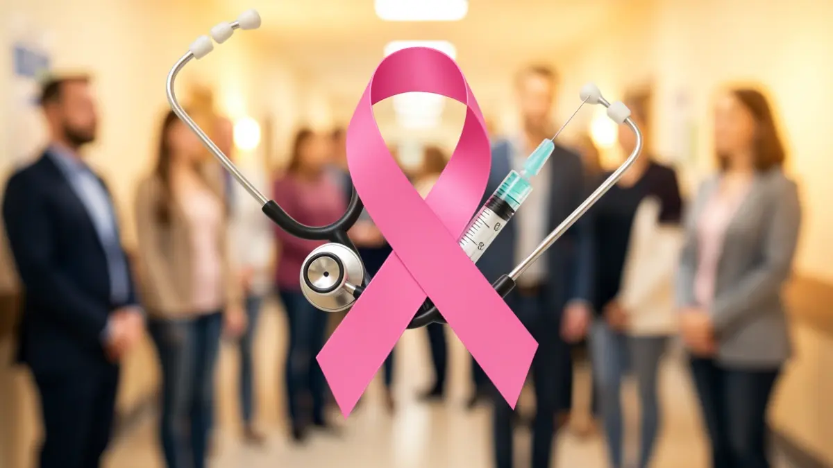 Imagen genérica de un lazo rosa con instrumentos médicos.