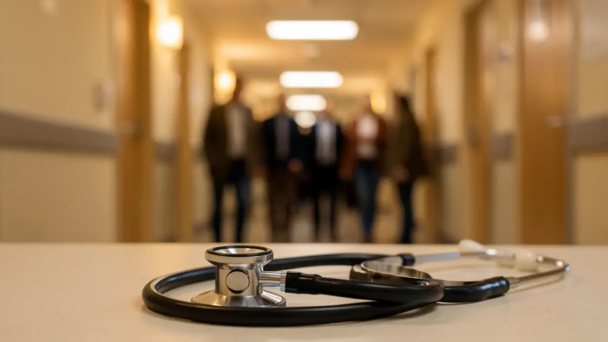 Imatge genèrica d'un estetoscopi sobre un fons difuminat d'un passadís d'hospital.