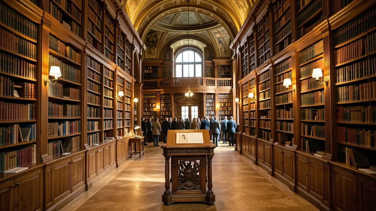 Generic image of a university library with bookshelves full of books and a lectern.