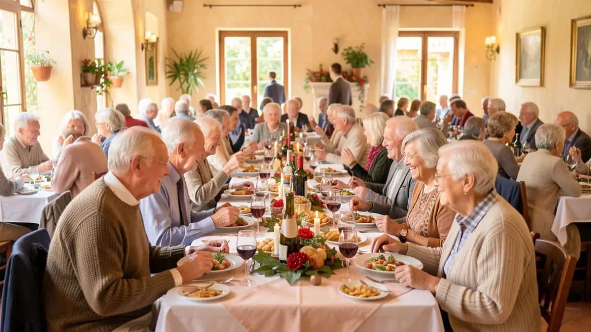 Generic image of elderly people enjoying a festive meal in a bright indoor space.