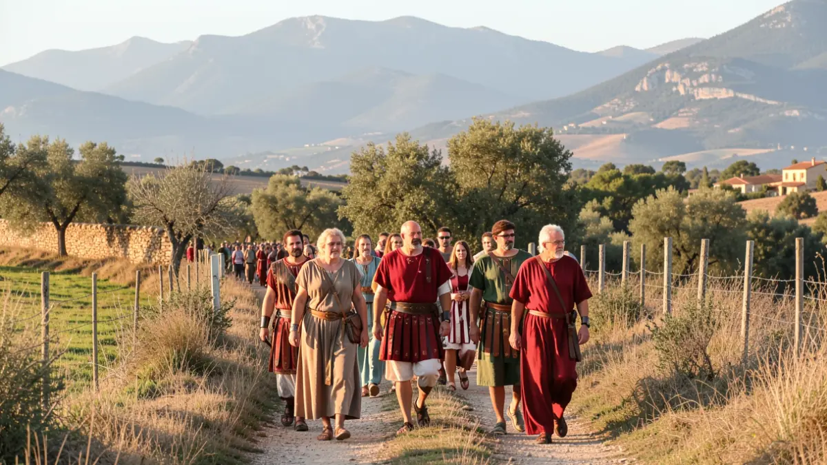 Imatge genèrica de persones amb vestits d'estil romà caminant per un camí rural català.