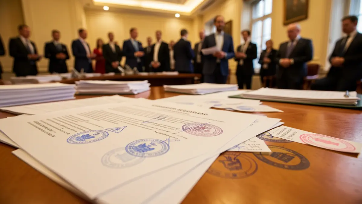 Imagen genérica de documentos oficiales con sellos y timbres, esparcidos sobre un escritorio de madera. Iluminación cálida y profesional de oficina. Profundidad de campo reducida, centrándose en la textura del papel y la tinta.