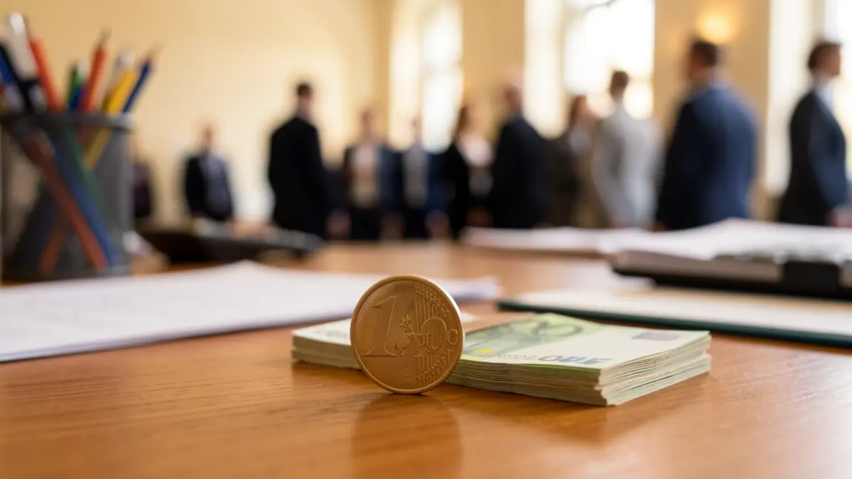 Generic image of coins and banknotes on an office desk.