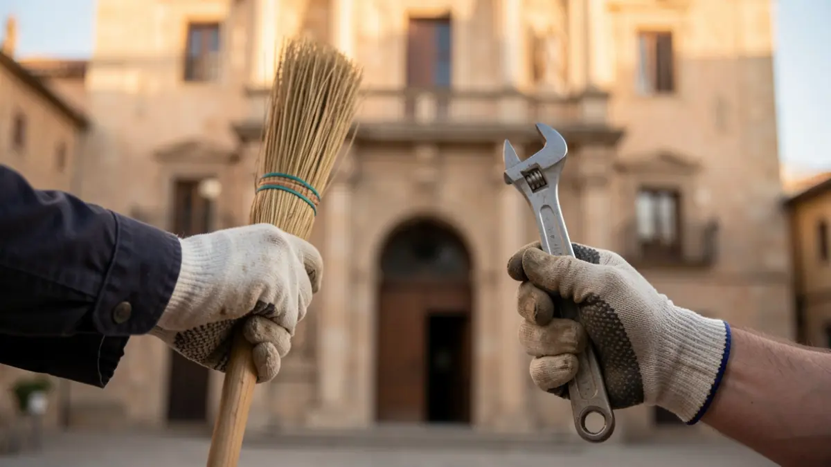 Generic image of two pairs of hands in work gloves, one holding a broom and dustpan, the other a wrench, in front of a town hall facade.