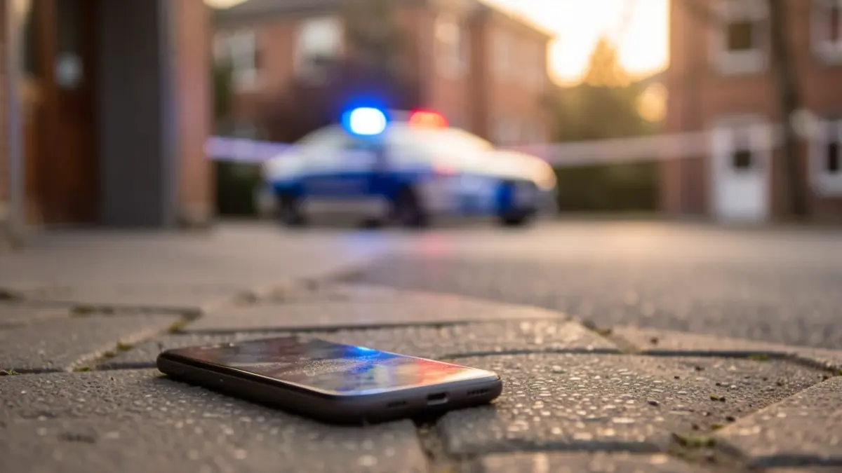 Imatge genèrica d'un telèfon mòbil a terra prop d'una entrada escolar amb llums policials al fons.