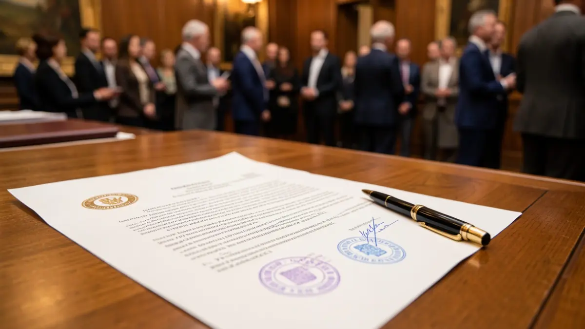 Generic image of official documents with seals and a pen on a wooden desk.
