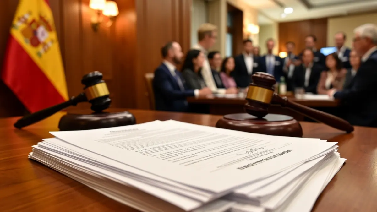 Imatge genèrica de documents oficials i un martell de jutge sobre una taula.