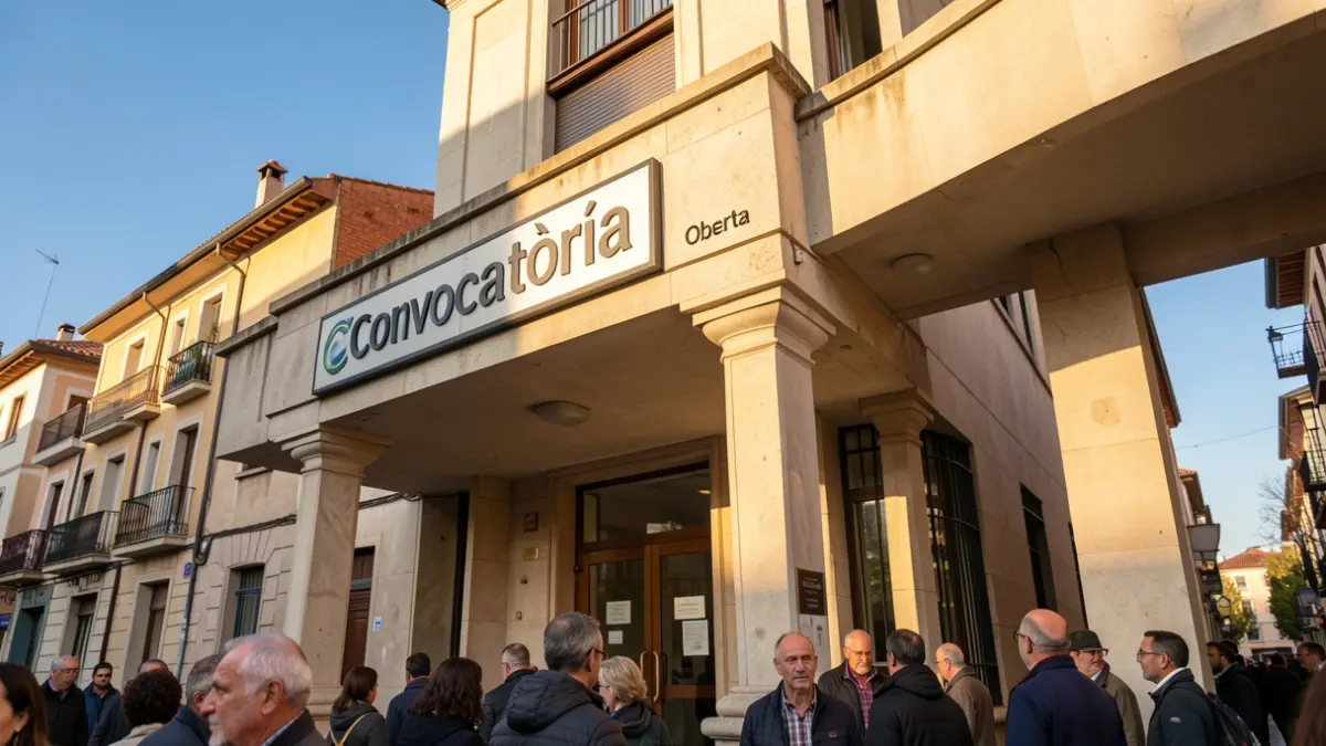 Imatge genèrica d'un edifici municipal amb un cartell indicant una convocatòria.