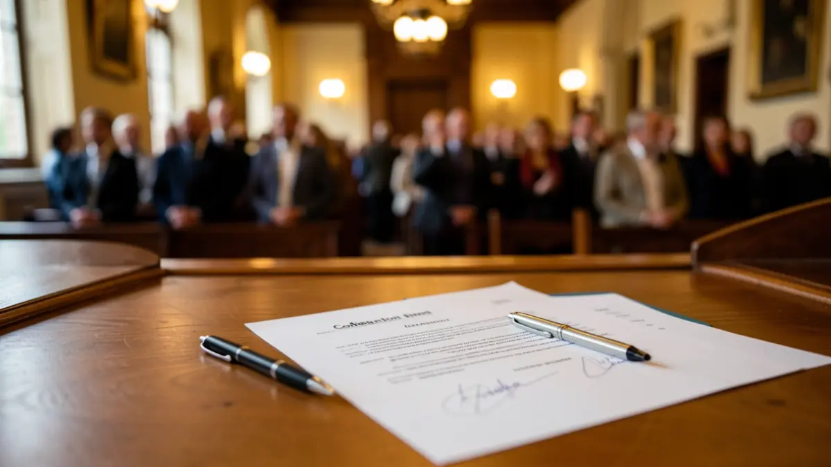 Imatge genèrica d'un escriptori amb un document signat i un bolígraf.
