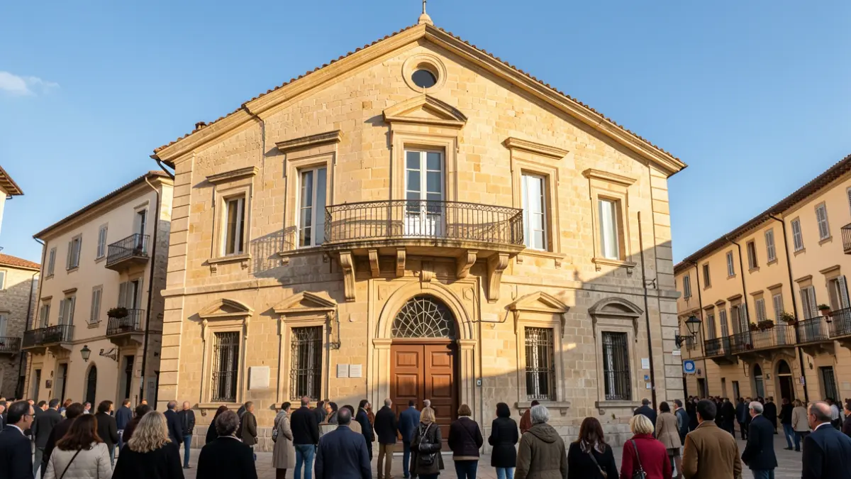 Generic image of a Mediterranean town hall facade with a balcony and stone details, under warm afternoon light and blue sky.
