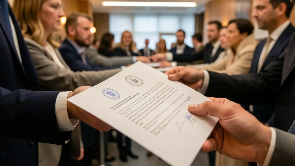 Imatge genèrica de mans sostenint documents oficials amb segells.
