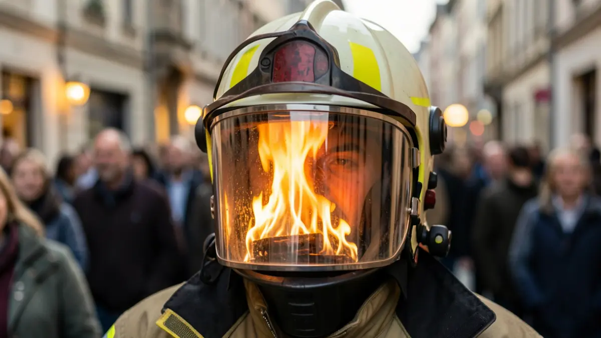 Imatge genèrica d'un casc de bomber amb un reflex de flames.
