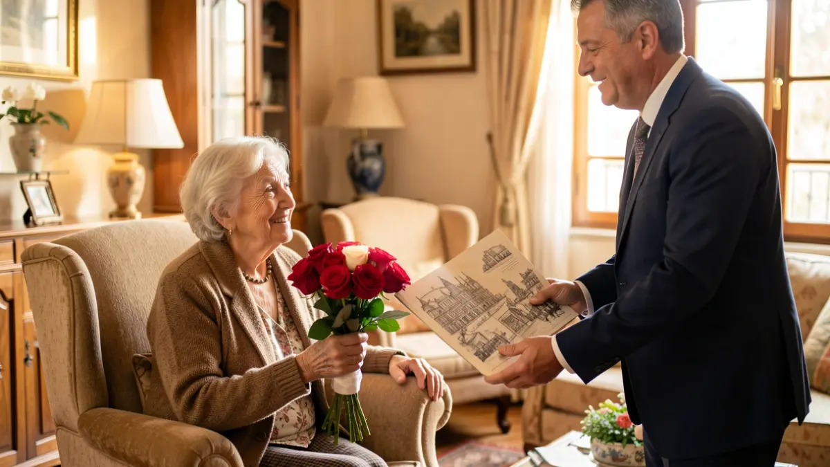 Imatge genèrica d'una visita oficial a una persona gran a casa seva, rebent flors i un llibre.