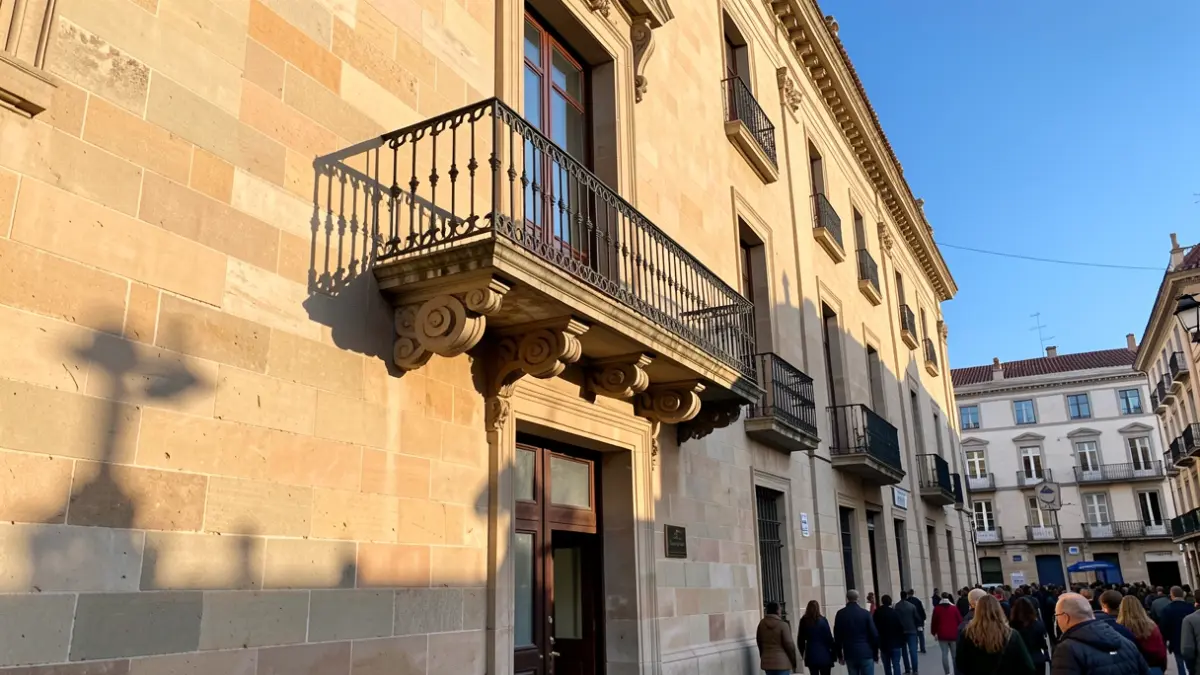 Facade of Calella Town Hall with balcony and iron railings, warm afternoon light.