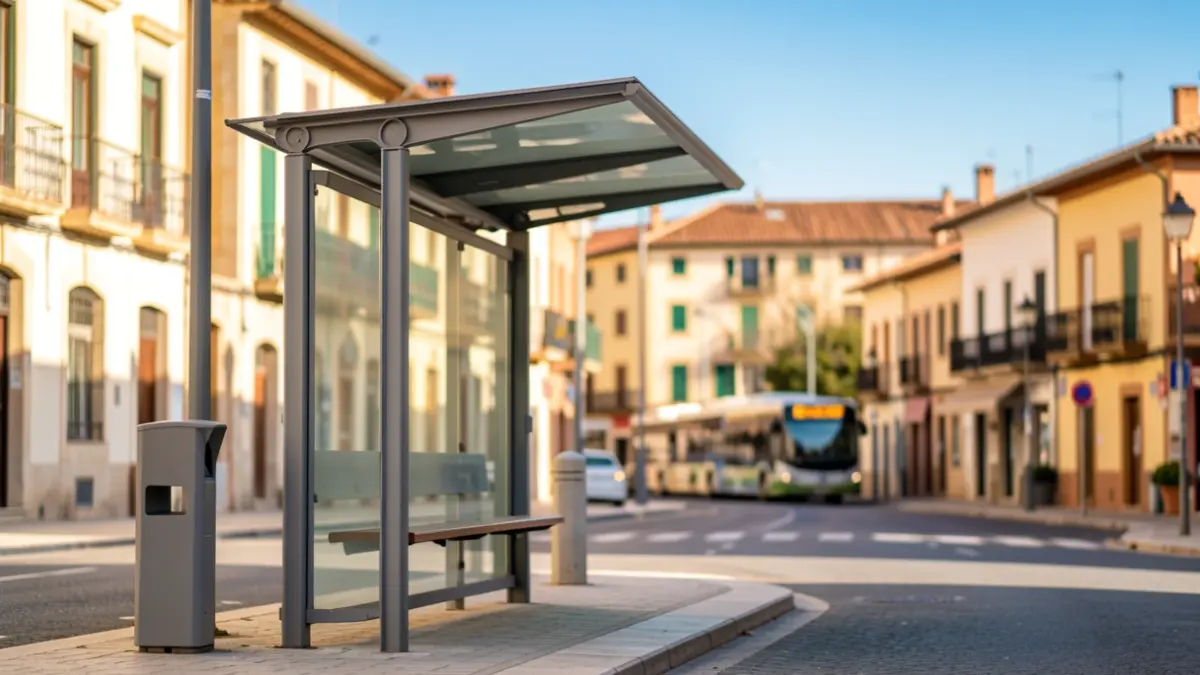 Imatge genèrica d'una parada d'autobús en un municipi català amb edificis al fons i cel blau.