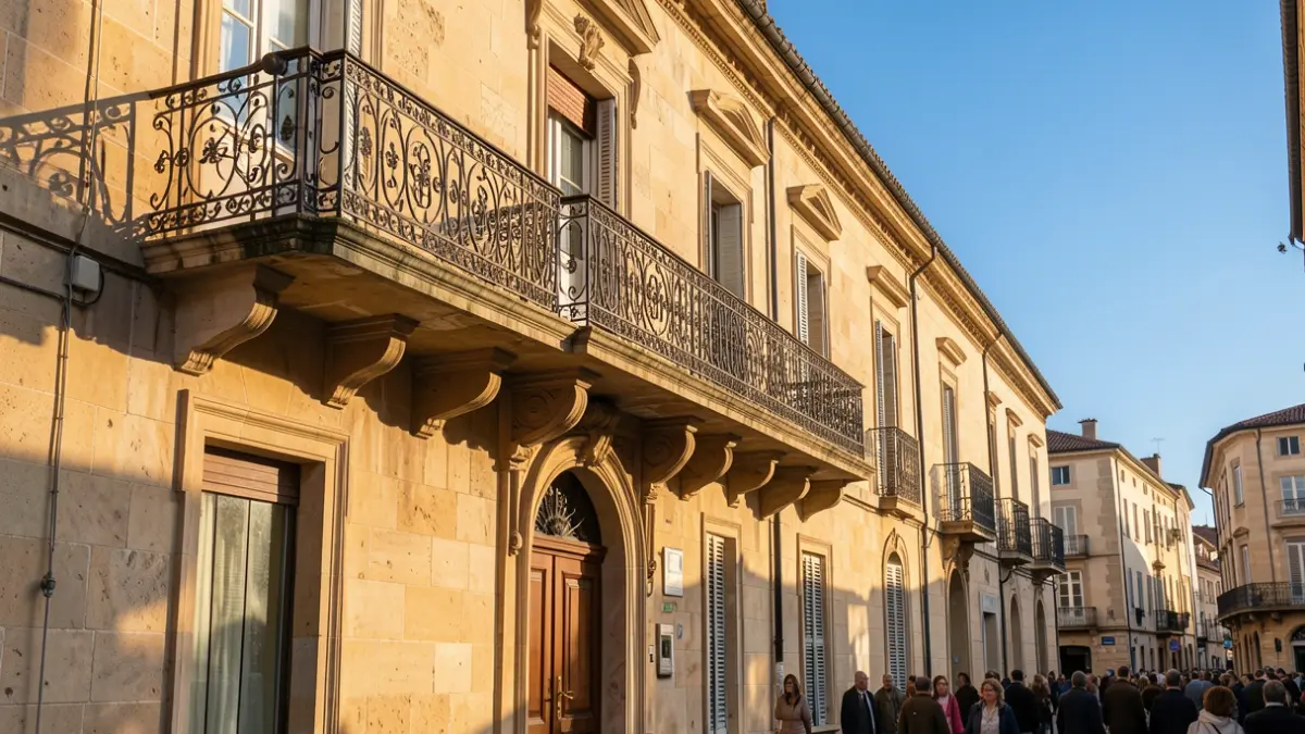 Imatge genèrica d'un edifici consistorial amb balcó i cel blau.