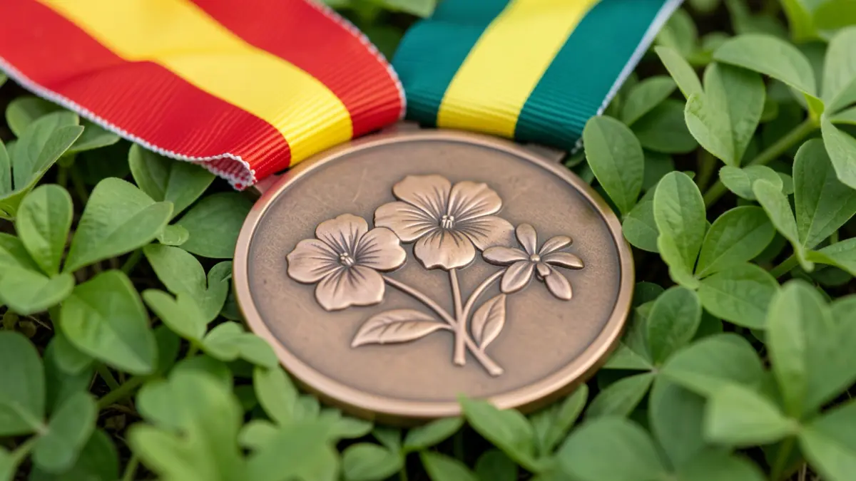 Medal of three Flowers of Honor from Viles Florides on green leaves.