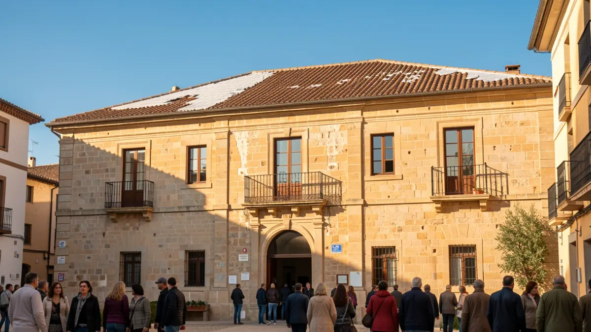 Façana de l'Ajuntament de L'Aldea amb reparacions al sostre.