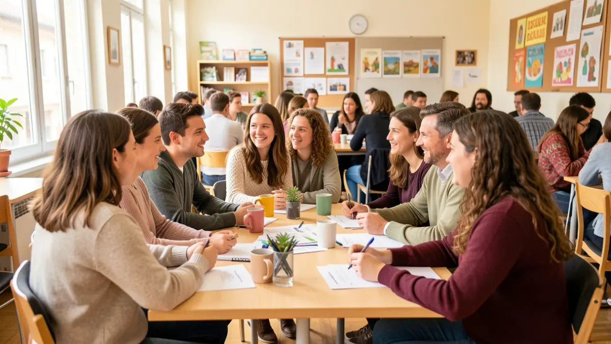 Imagen genérica de jóvenes estudiantes participando en un programa de intercambio lingüístico en un entorno de aula.