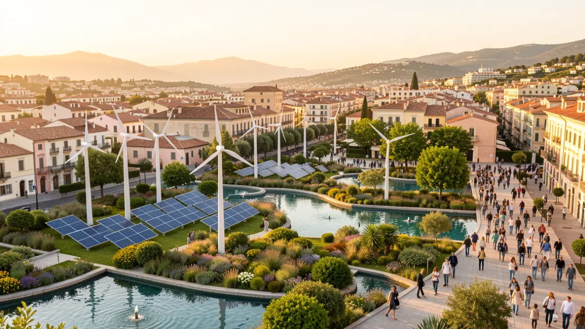 Imatge genèrica de símbols de sostenibilitat i energia neta en un entorn urbà mediterrani.