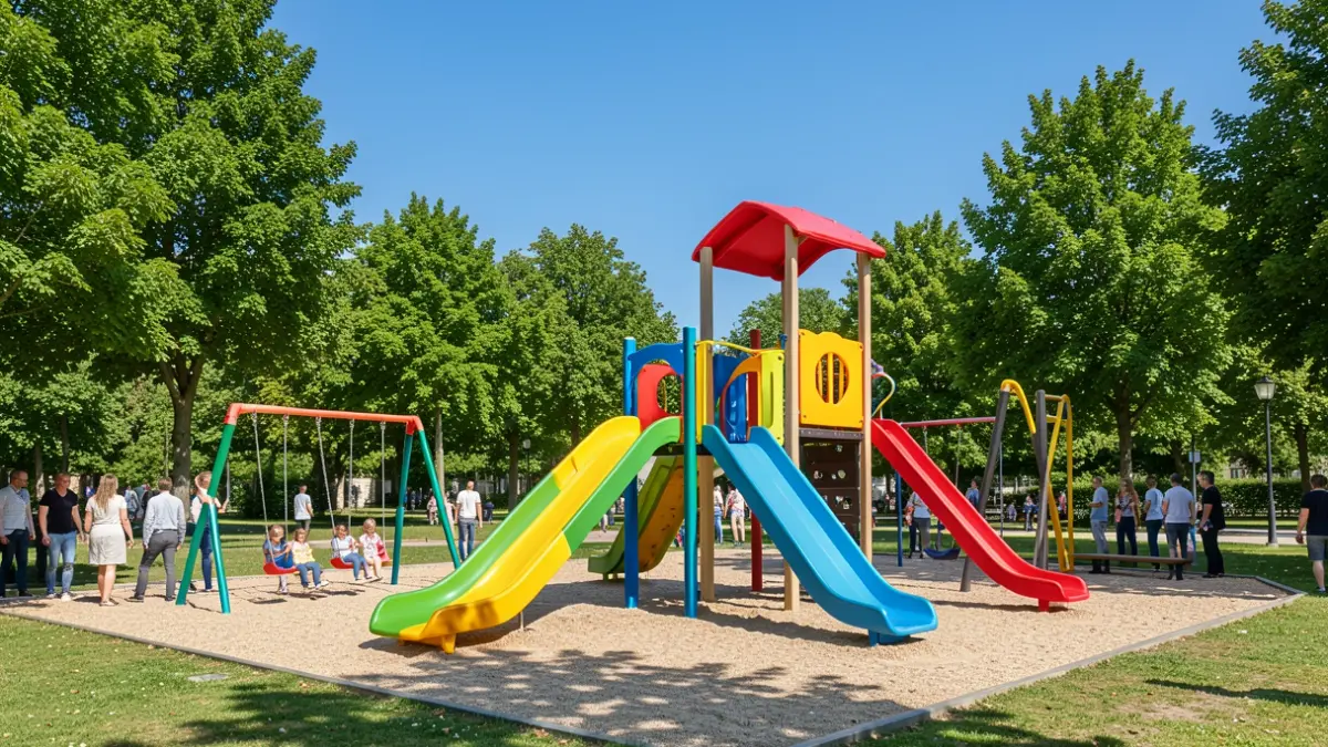 Generic image of a modern, colorful playground with trees and a blue sky.