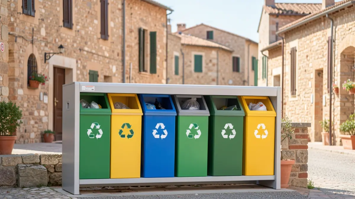 Generic image of a recycling point with five different fractions and Mediterranean architecture in the background.