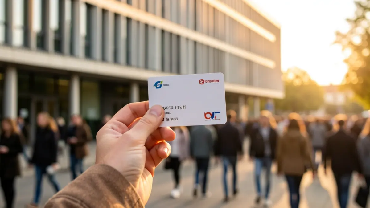 Generic image of a young hand holding a public transport card in front of a university building.