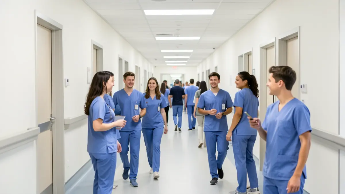 Generic image of a modern hospital hallway with healthcare professionals.
