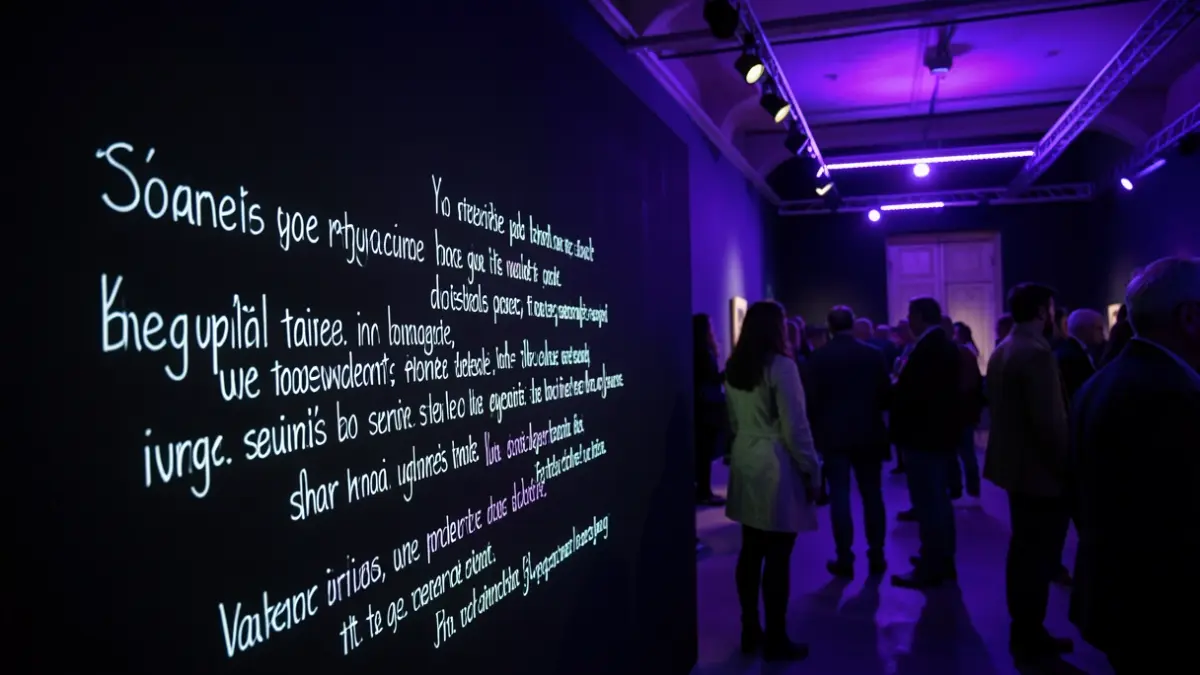 Imatge genèrica d'una exposició artística amb llums ultraviolats revelant paraules escrites.