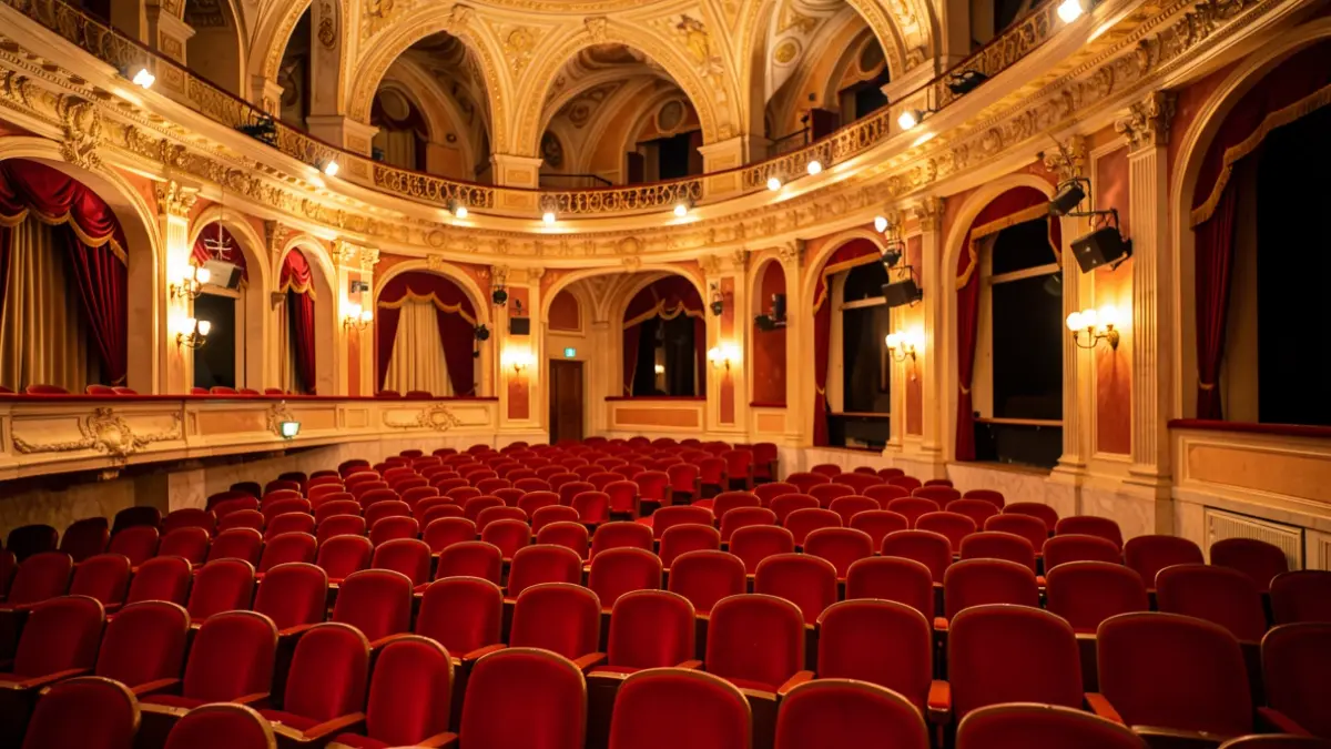 Interior del Teatre L'Artesà amb seients buits i llums d'escenari.