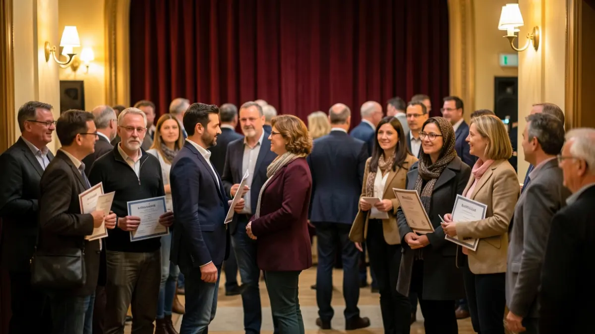 Imatge genèrica de persones reunides en un teatre, algunes amb certificats, amb llum ambiental càlida i un teló de fons.
