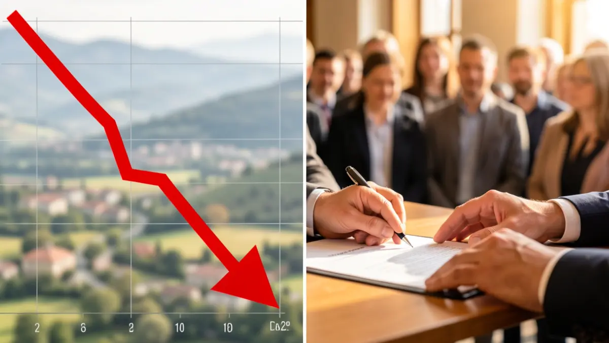 Graph of unemployment decrease in Vallès Oriental and hands signing an official document.