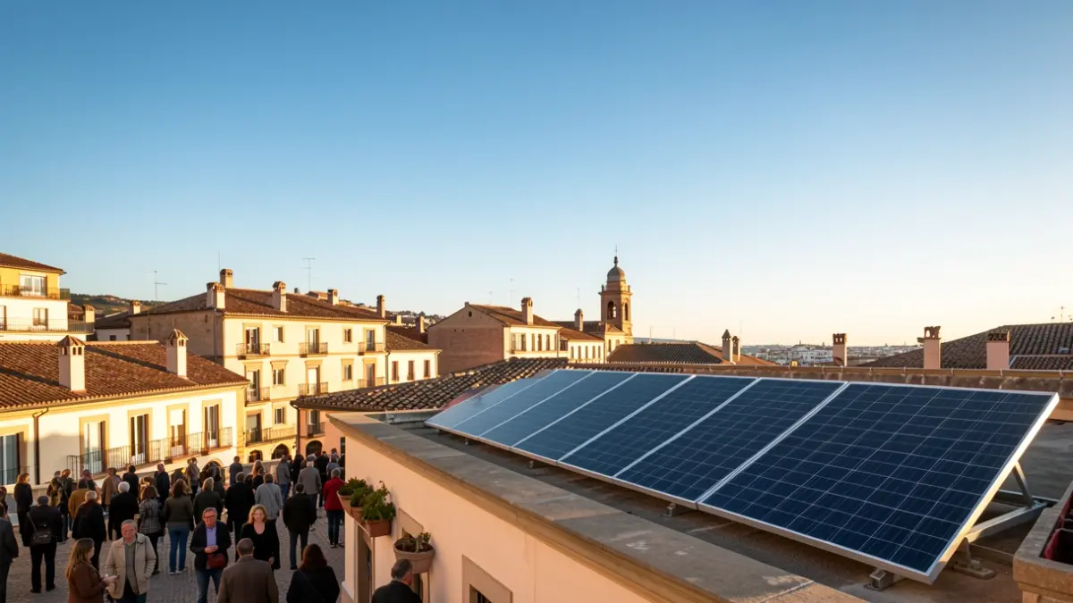 Imagen genérica de paneles solares instalados en la cubierta de un edificio público en Catalunya, con cielo azul y arquitectura mediterránea.