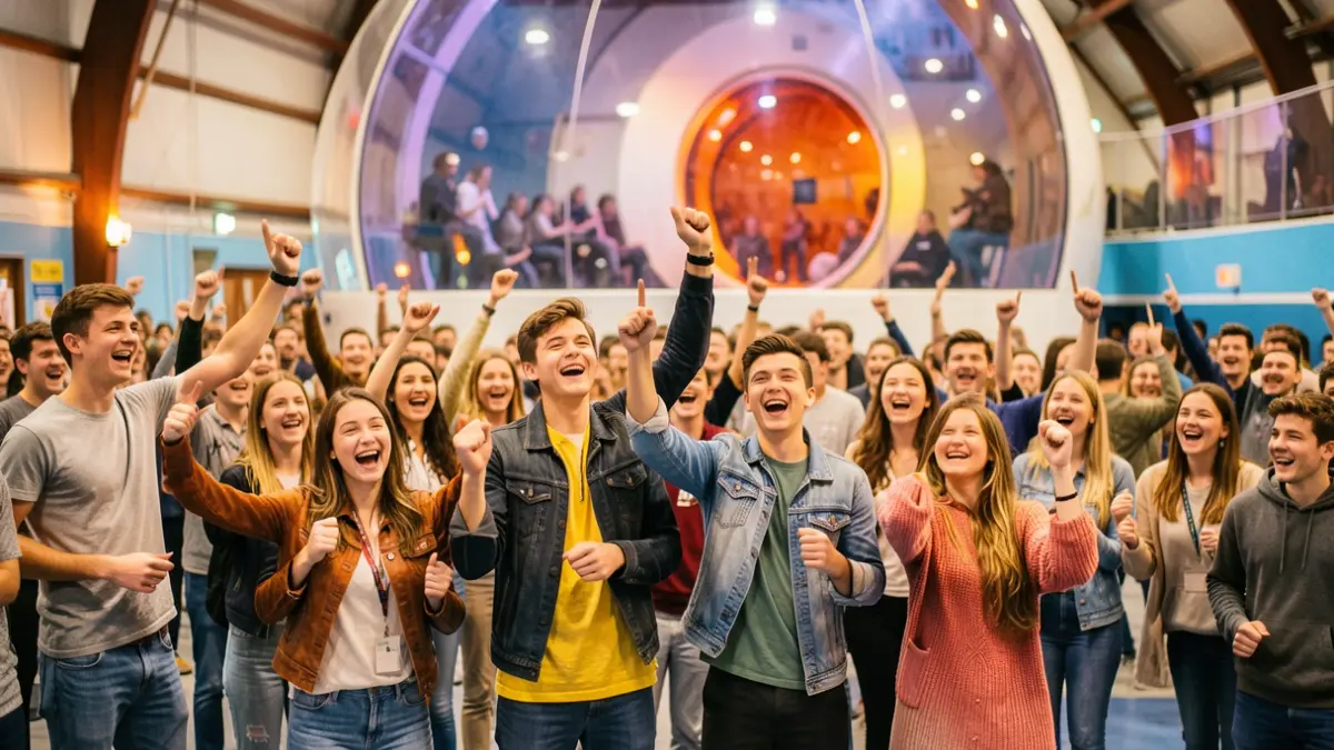 Generic image of a group of young people celebrating with a blurred wind tunnel in the background.