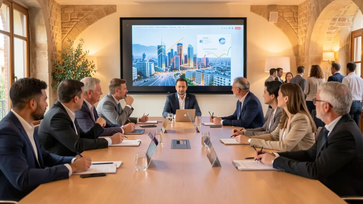 Generic image of city representatives in a modern conference room, discussing plans on a large screen with abstract urban graphics.