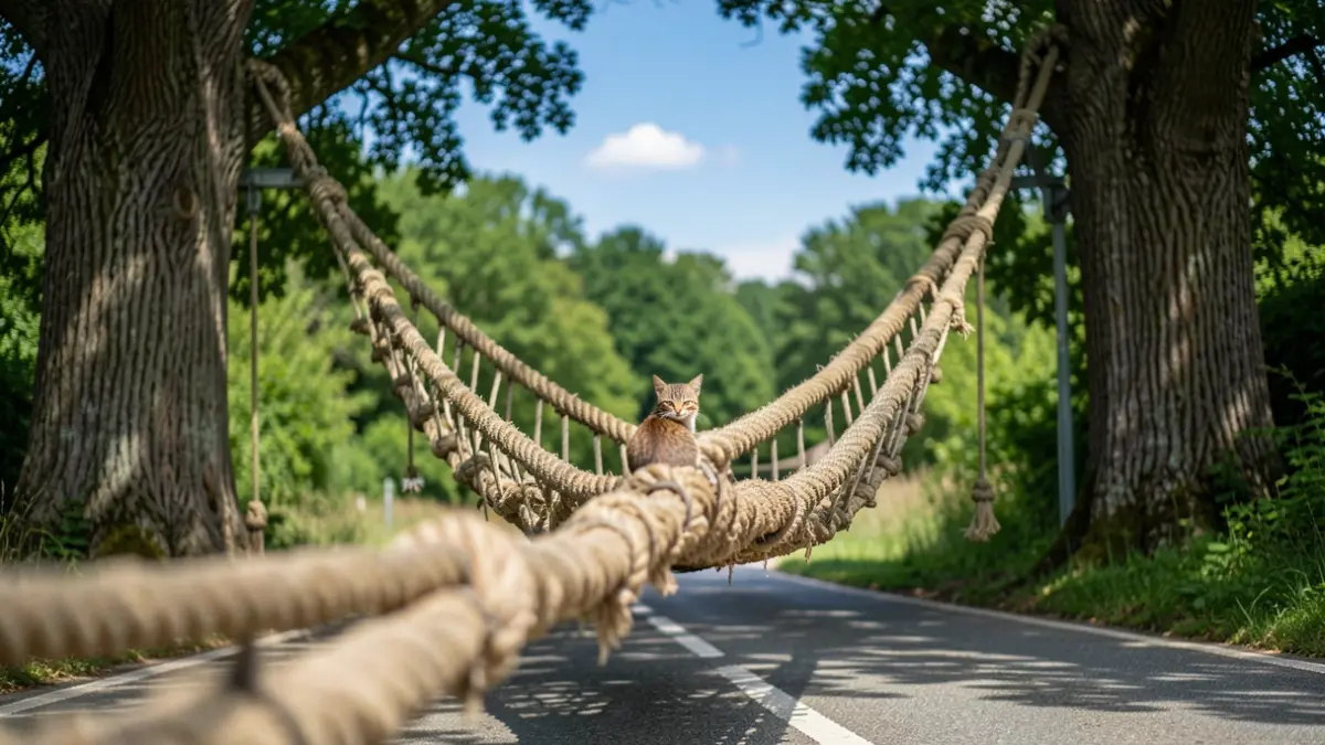 Generic image of a rope bridge between trees over a road.