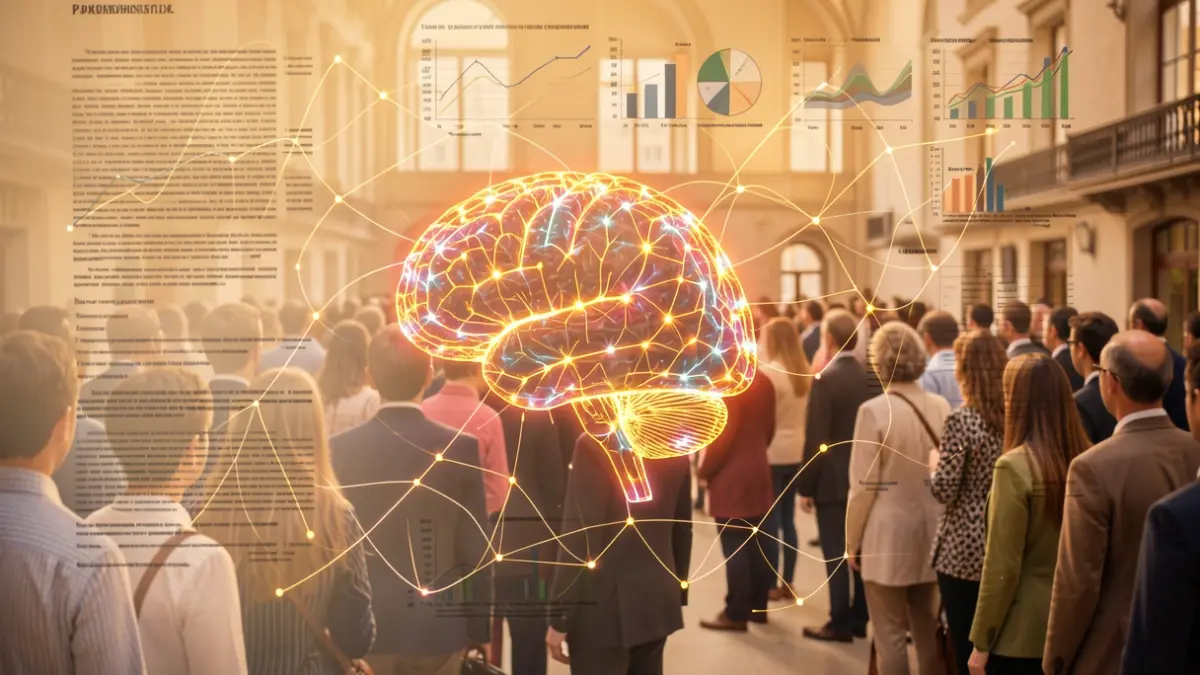 Imagen genérica de patrones de red neuronal brillantes sobre un fondo de documentos oficiales y visualizaciones de datos.