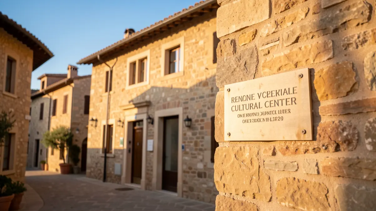 Generic image of the exterior of a renovated cultural center in a Mediterranean town, featuring a new plaque on the main facade, warm afternoon sunlight, and blue sky.