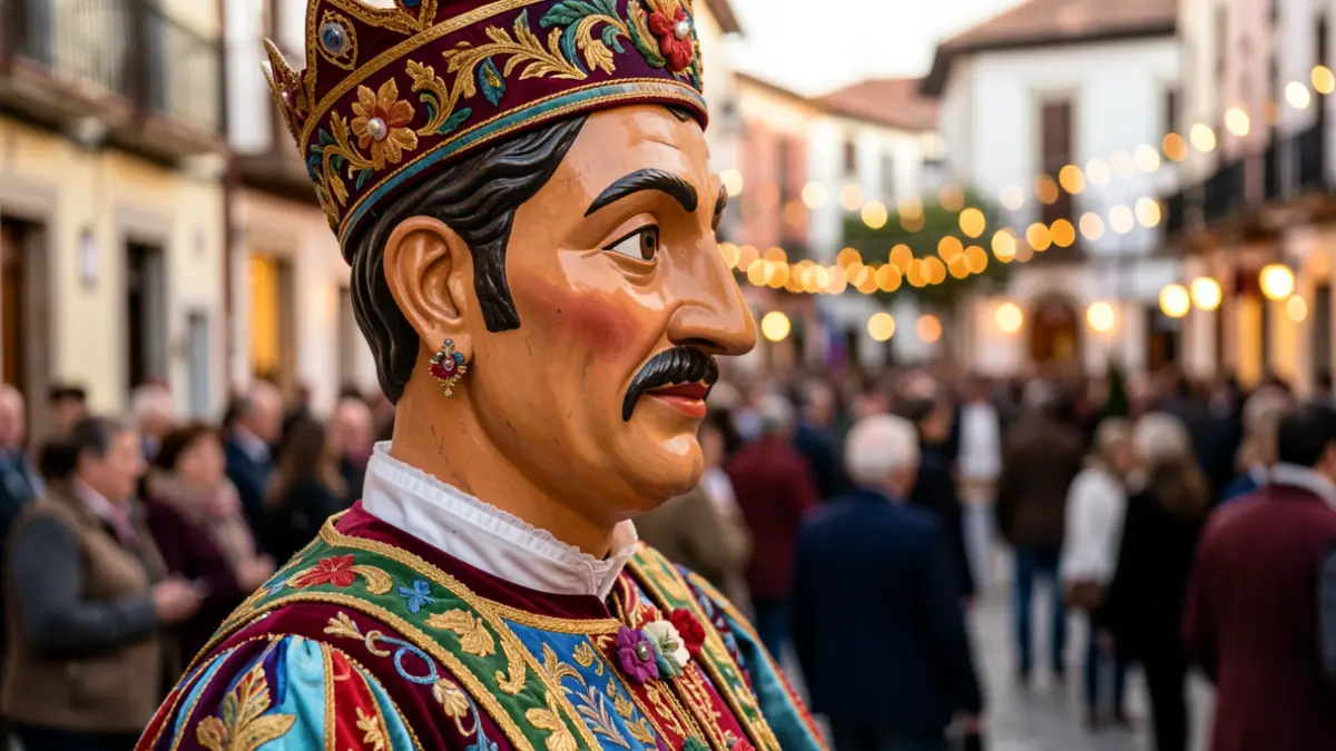 Imatge genèrica de la cara d'una figura de gegant tradicional català, amb detalls de roba i pintura, en un entorn festiu.