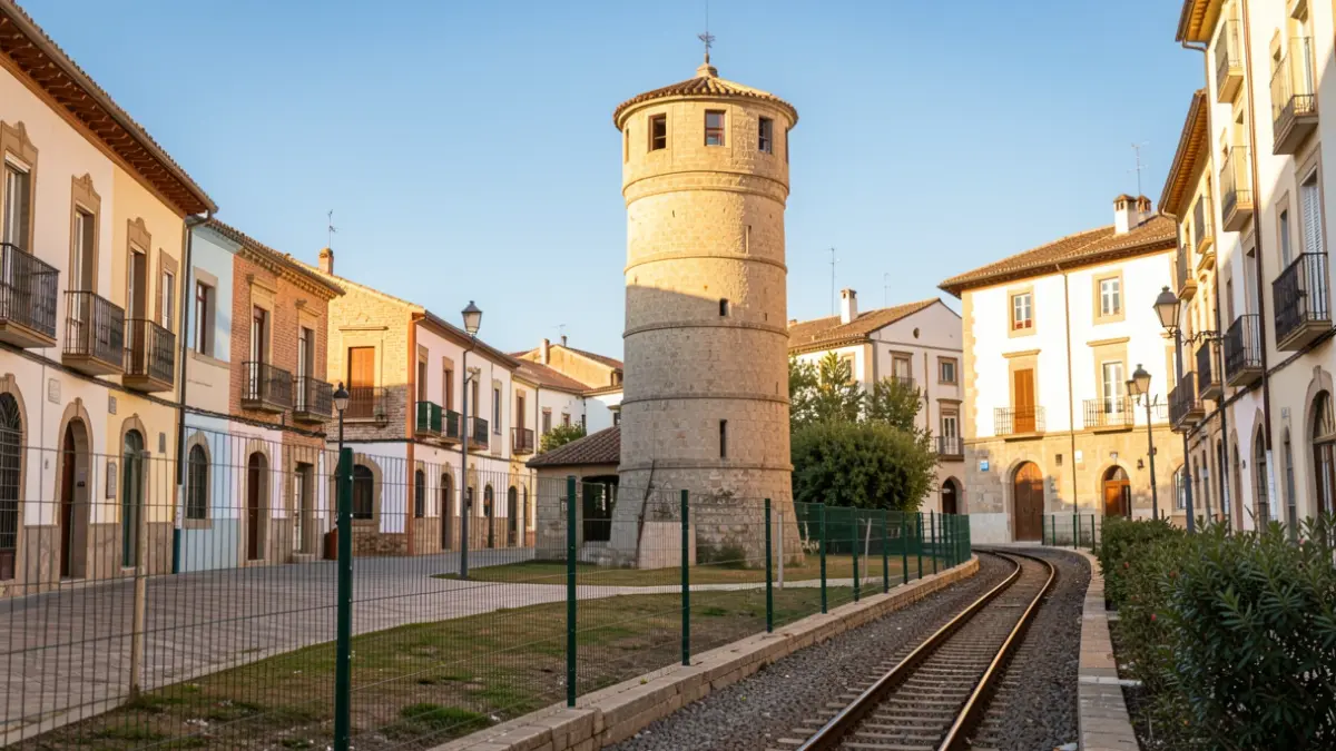 Generic image of an expanded public space with a water tower and new fencing near railway tracks, under a blue sky.