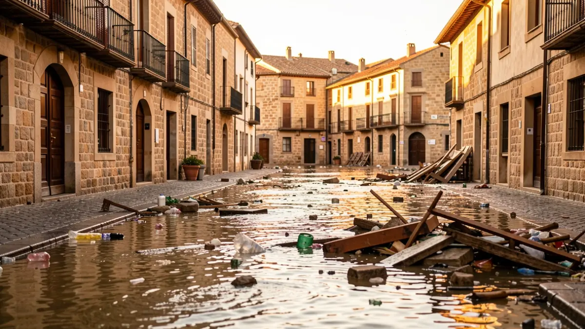 Generic image of flooded streets in a Mediterranean town square with debris and sunset light.