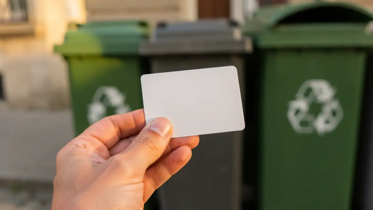 Imatge genèrica d'una mà sostenint una targeta intel·ligent davant de contenidors de reciclatge.