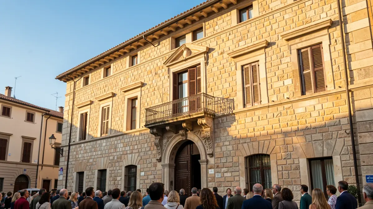 Façana d'un ajuntament mediterrani amb balcó i llum càlida.