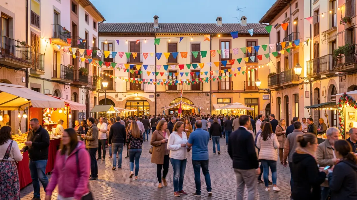 Imatge genèrica d'una plaça de poble català durant una festa, amb decoracions i llums festius.